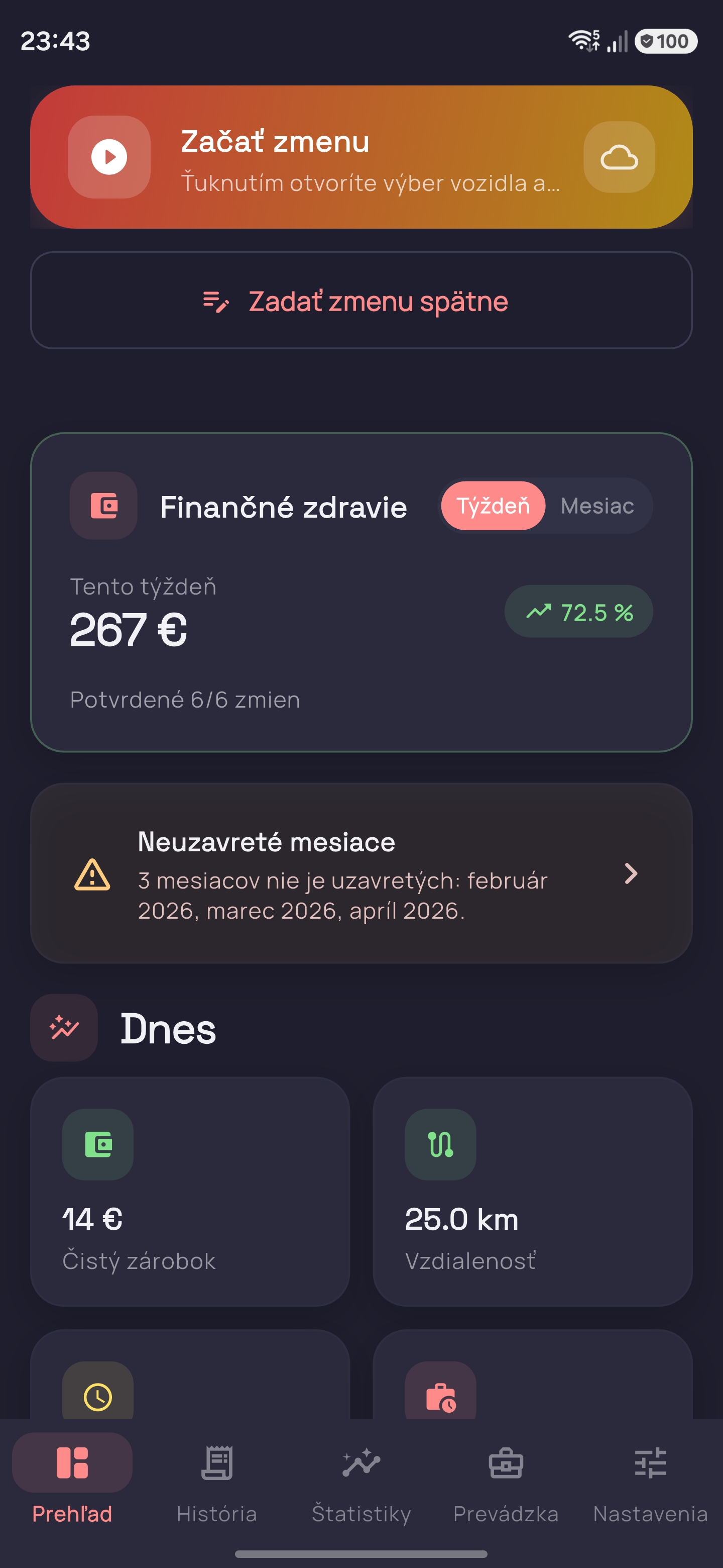 Trackerio aplikácia pre kuriérov – dashboard s prehľadom čistého zisku z rozvozu
