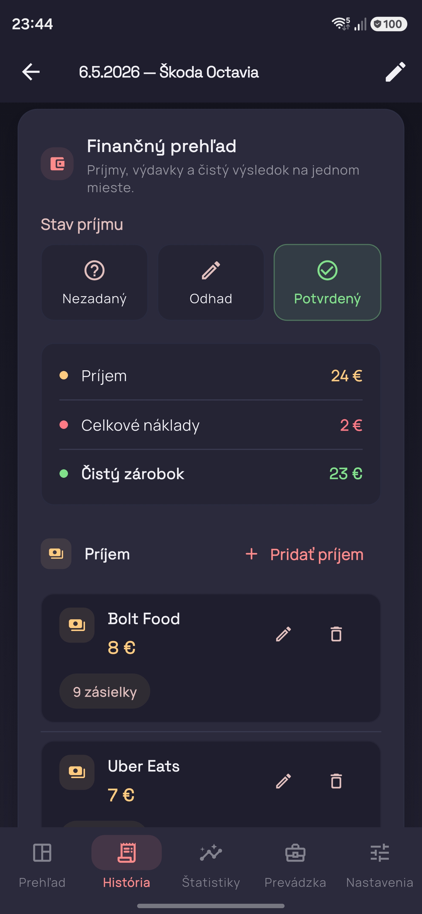 Trackerio finančný rozpad zmeny príjmy náklady